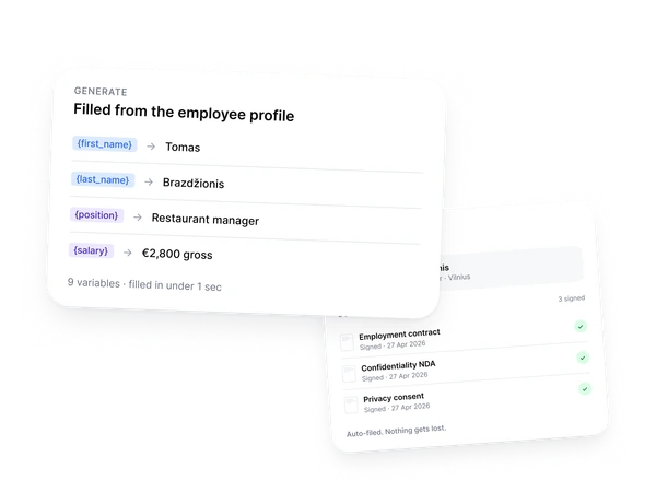Document variables filled from a profile: first name, last name, position, salary
