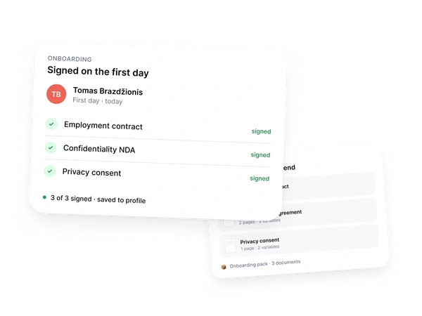 New hire signing status: documents preselected at invite, auto-sent and signed on day one
