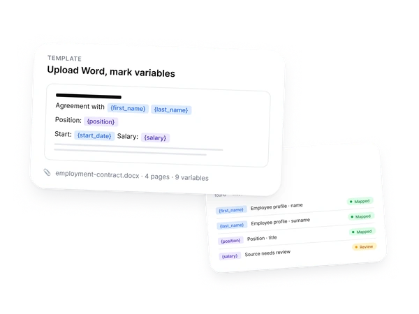 Word template with marked variables and variable mapping status