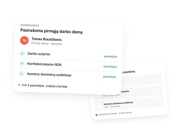 Naujo darbuotojo pasirašymo statusas: dokumentai pažymėti jau kvietime, automatiškai išsiųsti ir pasirašyti pirmąją dieną