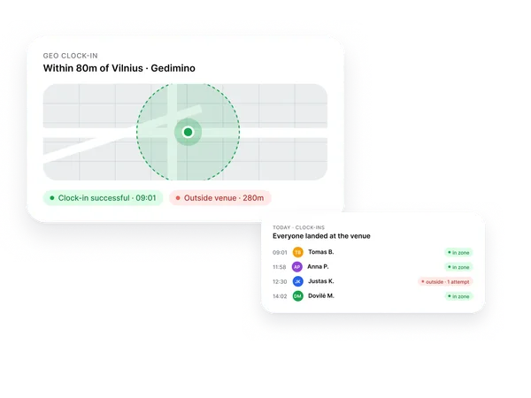 Geofenced clock-in with venue radius on the map
