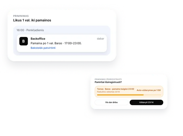 Pamainos priminimas telefone ir auto išsiregistravimo įspėjimas