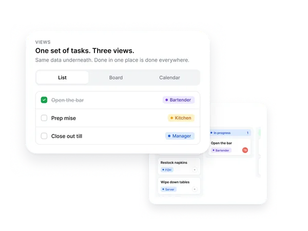 The same task set rendered as a list, a kanban board, and a calendar.