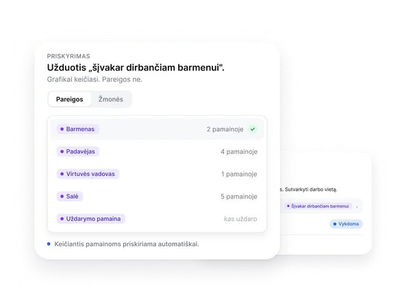 Užduotis priskirta barmeno vaidmeniui šios dienos pamainoje, perimta automatiškai.