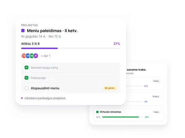 Atskiras projekto sąrašas su savo dalyviais, terminu ir užduotimis.