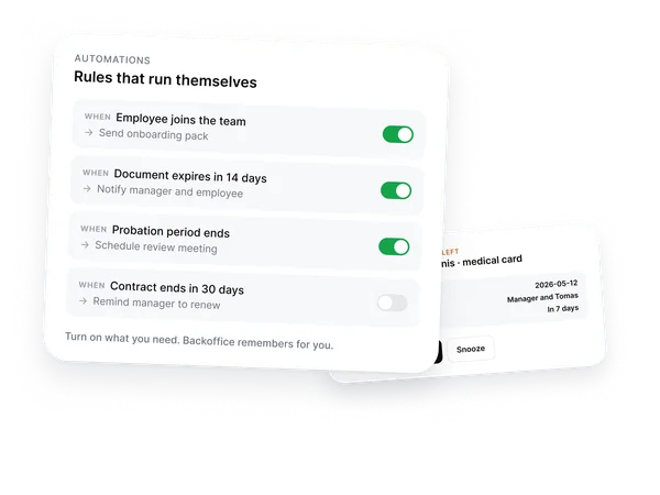 Backoffice automation rules: onboarding pack, document expiry pings, probation review
