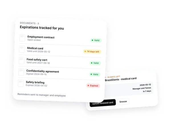 Employee documents with expiration dates and reminders ahead of expiry