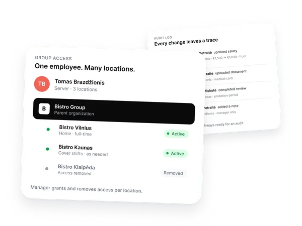 Per-location access for one employee across Vilnius, Kaunas, and Klaipėda