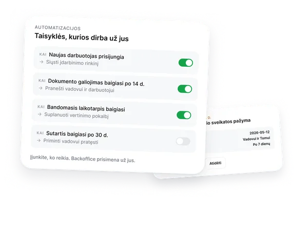 Backoffice automatizacijų taisyklės: įdarbinimo rinkinys, dokumentų galiojimas, bandomojo pabaiga