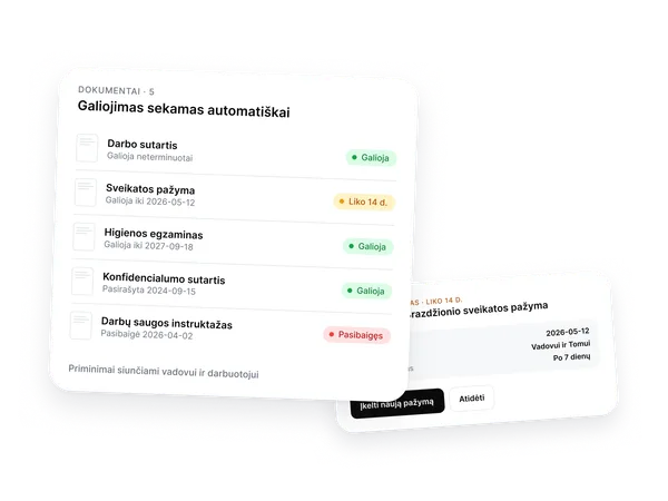 Darbuotojo dokumentai su galiojimo datomis ir priminimais prieš pabaigą